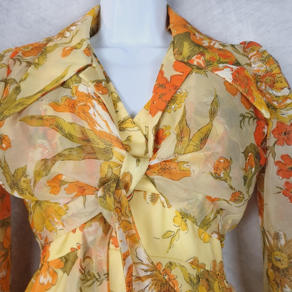Vntg Floral Dress Jacket Womens 12 Yellow Chiffon Maxi 70s Mod Flutter Sleeve - Picture 2 of 16